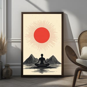 Meditation Wand Kunst | Yoga Studio Deko mit Berge und Sonne | Minimalistischer spiritueller Kunstdruck | Boho Zen Wand Kunst | Achtsamkeit Poster