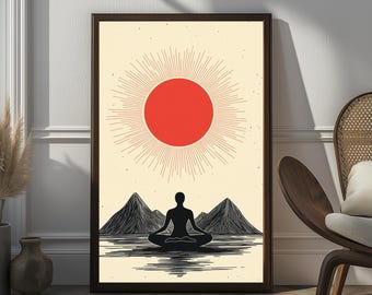 Minimalist Meditation Art Print | Boho Sun & Mountains