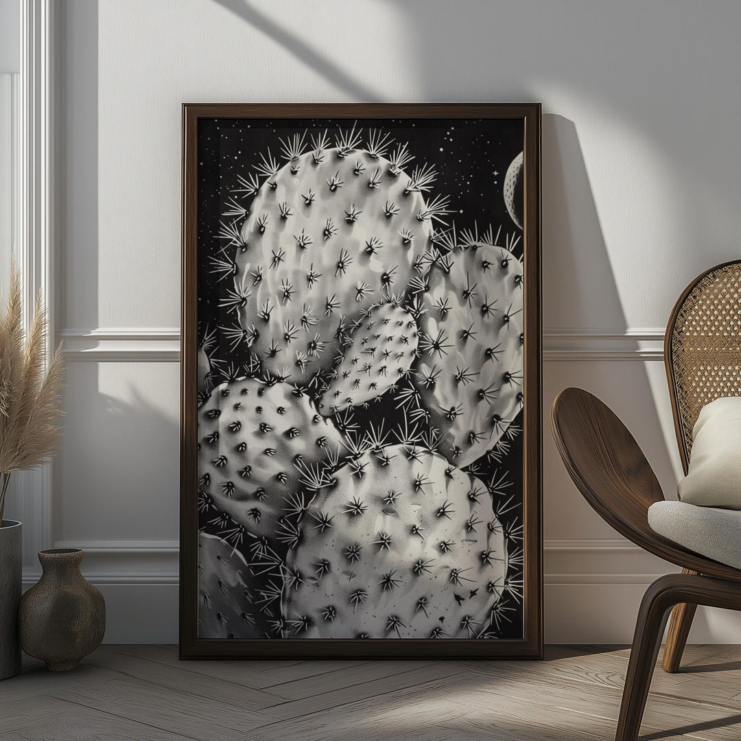 Black and White Cactus Print | Cosmic Desert Wall Art - Etsy