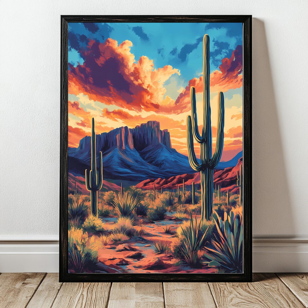Vintage Cactus Desert Sunset Print | Retro Southwestern Wall Art - Etsy