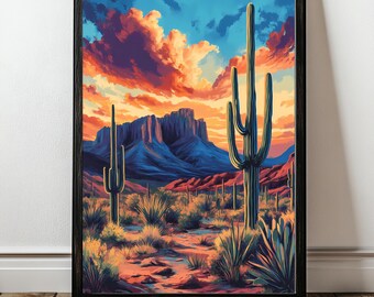 Vintage Cactus Print | Desert Sunset Wall Art | Retro Western Landscape Poster | Southwestern Decor | Arizona Cactus Wall Painting