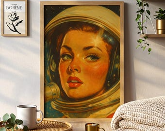 May include: A framed vintage-style print of a woman in a space helmet. The artwork features a retro aesthetic with a color palette of orange, red, and blue. A smaller framed print with the word "BOHEME" is also visible. A mug, tray, candle, and blanket are on a wooden surface.