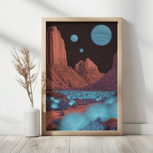 Retro Sci-Fi Landscape Print | Futuristic Desert Wall Art | Vintage Cosmic Aesthetic | Bioluminescent Nature & Surreal Space Decor