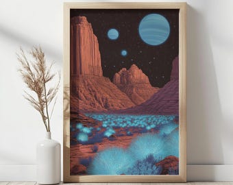 Retro scifi-landschapsprint | Vintage kosmische muurkunst