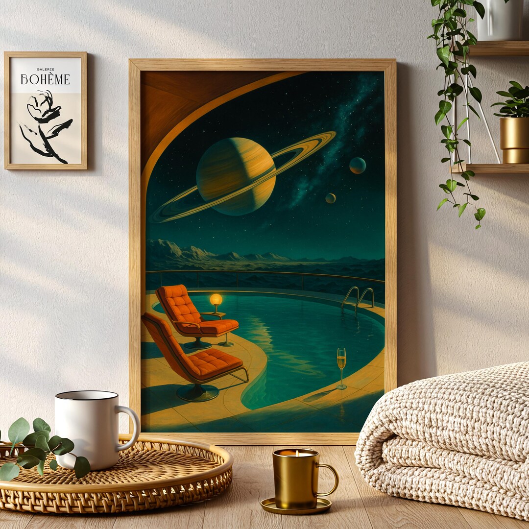 Retro Sci Fi Saturn View Poster | Mid Century Space Lounge Wall Art ...