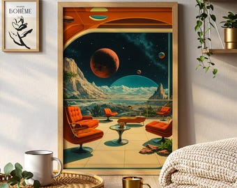 Retro-futuristische ruimteterraskunst | Surrealistisch kosmisch beeld met Galaxy Skies | Vintage sci-fi woondecoratieprint | Dromerig ruimtelandschap