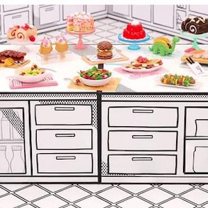 May include: A miniature kitchen playset featuring a white counter with black line art details, displaying an assortment of tiny food items including cakes, cupcakes, burgers, tacos, salads, and various desserts arranged on small plates and stands.