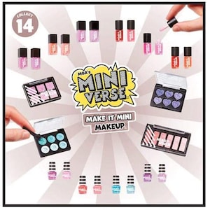 May include: A collection of miniature makeup products, including nail polish bottles and eyeshadow palettes. The image features the text "MGA's Mini Verse" and "Make it Mini Makeup". The nail polish bottles come in various colors, and the eyeshadow palettes have different shades.