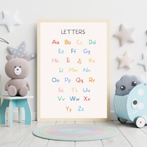 Arte de pared con letras mayúsculas y minúsculas enmarcadas, impresión para la habitación con el alfabeto, impresión del alfabeto, arte de pared educativo, impresión para el aula, regreso a la escuela