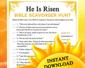 Er ist auferstanden Bibel-Schnitzeljagd-Spiel | Ostern Christian Printable, Kirche Sonntagsschule, Bibel Vers Matching Gruppenlernaktivität