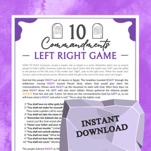 May include: A printable game for kids to learn about the Ten Commandments. The game is played by passing a gift left or right based on the instructions in the story. The game is on a purple background with a stone tablet graphic.