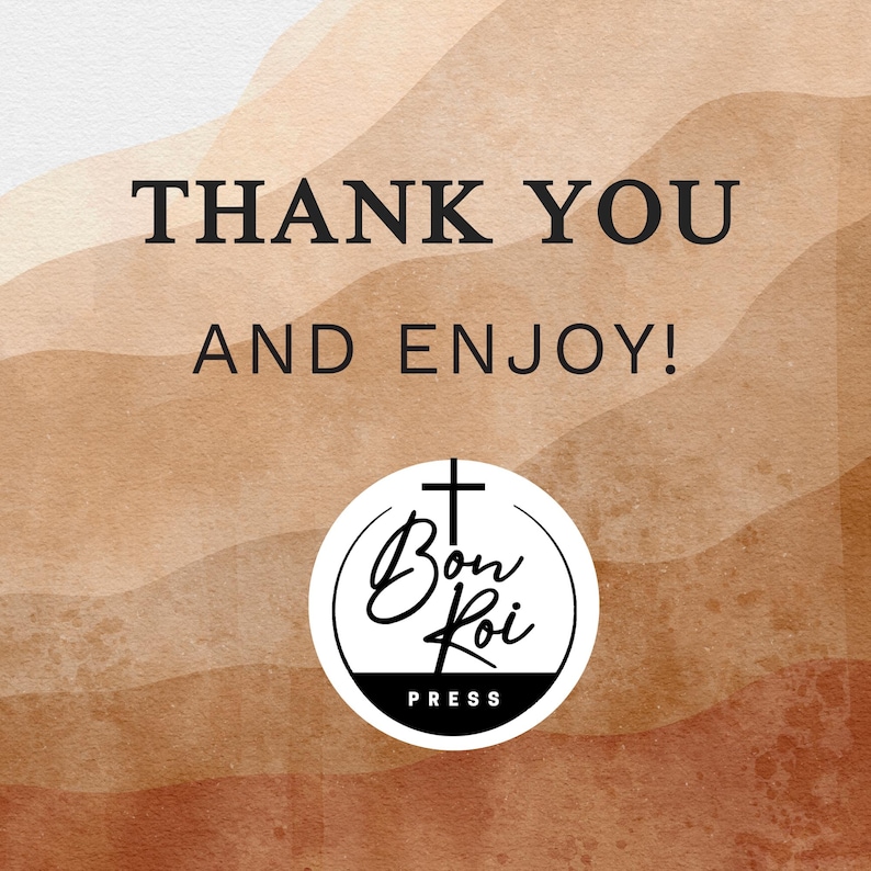 May include: Thank you and enjoy! A white circle with a black cross, the words "Bon Roi" and "Press" in black text on a brown and beige watercolor background.