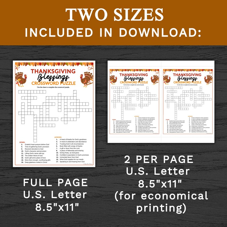 Thanksgiving Blessings Crossword Puzzle Christian Printable for