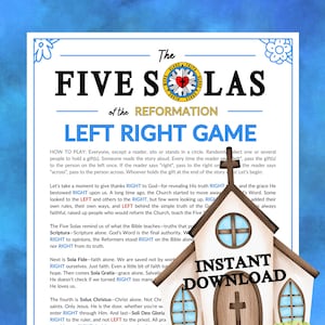 Puede incluir: Un juego imprimible titulado "The Five Solas Left Right Game" con una ilustración de una iglesia y el texto "Descarga instantánea". Las instrucciones del juego están impresas sobre un fondo blanco con texto negro.