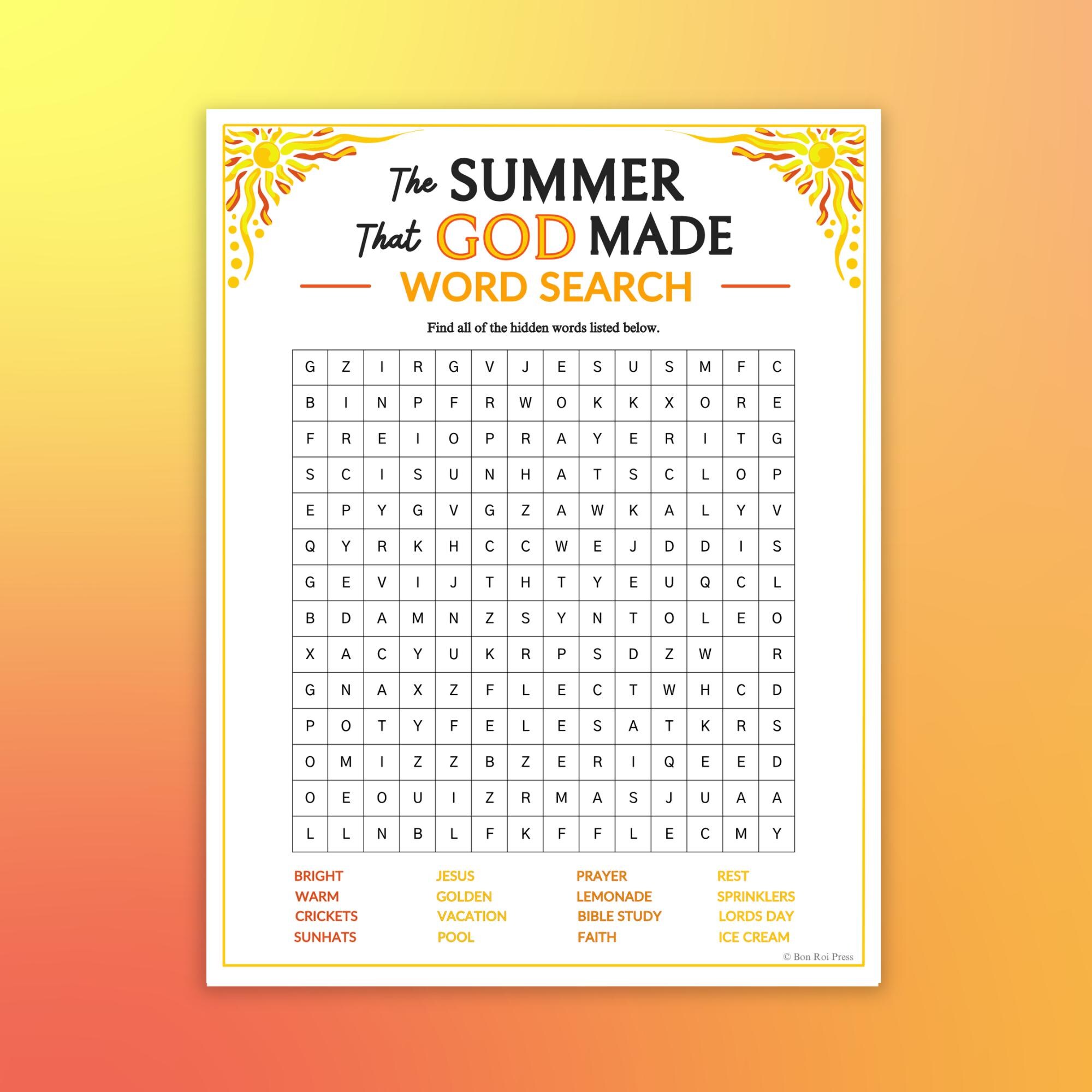 The Summer That God Made Word Search Game | Printable for Church Kids ...