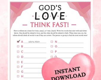 God's Love Think Fast Game | Valentine's Printable for Church Kids Teens Adults, Sunday School Bible Group Activity for Ministry