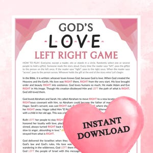Juego de amor de Dios (izquierda, derecha) imprimible para niños, adolescentes y adultos de la iglesia, actividad bíblica grupal para la escuela dominical.