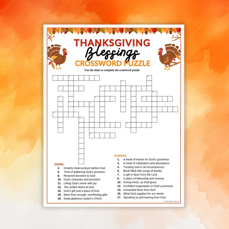 May include: Thanksgiving-themed crossword puzzle with the title "Thanksgiving Blessings." The puzzle features a grid with clues listed below and to the side. Decorative turkeys and fall foliage frame the top of the page.