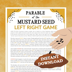 May include: A printable game for kids about the parable of the mustard seed. The game is played by passing a small object around a circle of people. The instructions are written in black text on a yellow background. The image also includes a hand holding a handful of mustard seeds.