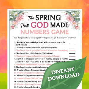 May include: A printable game sheet titled "The Spring That God Made Numbers Game." The sheet features floral accents and prompts related to biblical facts. The words "Instant Download" are also visible on the sheet.
