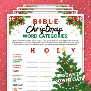 May include: A stack of Christmas-themed word category game sheets. The top sheet features the words "BIBLE Christmas WORD CATEGORIES" in a festive design with a Christmas tree graphic. The game includes categories like clothing and Bible book. "INSTANT DOWNLOAD" is also visible.