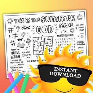 Mantel individual de actividades "El verano que Dios creó" / Libro de contabilidad cristiano imprimible y tamaño carta para la educación en casa de niños, la escuela dominical y la clase de Biblia