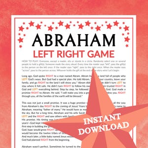 May include: A printable game sheet titled ABRAHAM LEFT RIGHT GAME with red star accents at the top and a large red star overlay containing the text INSTANT DOWNLOAD. The document includes instructions and a story with the words LEFT and RIGHT highlighted.