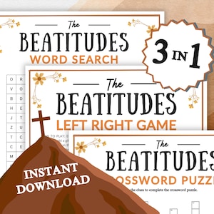 Puede incluir: Tres juegos bíblicos imprimibles: una búsqueda de palabras, un juego izquierda-derecha y un crucigrama, todos con el tema de las Bienaventuranzas. El diseño incluye detalles florales y el texto "Descarga instantánea."