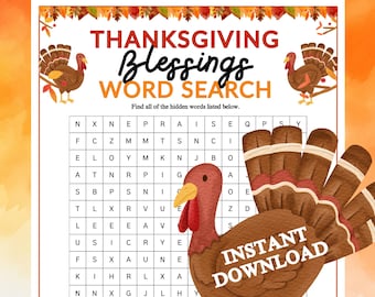 Thanksgiving Blessings Word Search Game | Fall Printable for Church Kids Teens Adults, Sunday School Ministry Family Bible Activity