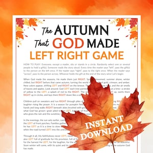 Può includere: Un gioco stampabile a tema autunnale intitolato "The Autumn That God Made Left Right Game". Il design presenta foglie autunnali e testo. Sono visibili anche le parole "Instant Download".