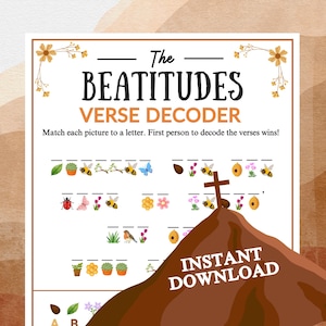May include: A printable game sheet titled The Beatitudes Verse Decoder with a brown cross graphic. The page features rows of blank lines paired with small icons like bees, flowers, and insects for decoding verses, with the text Instant Download.