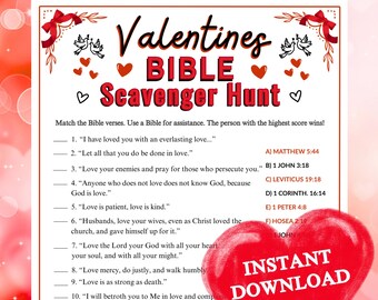 Valentinstag Bibel Schnitzeljagd Spiel | Valentinstag Printable für Kirche, Familie, Sonntagsschule, Lerngruppenaktivität