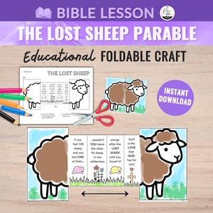 May include: Educational craft titled "The Lost Sheep Parable" with text and illustrations. Includes a foldable craft template with a sheep illustration, text, and instructions. Features a purple "Instant Download" button.