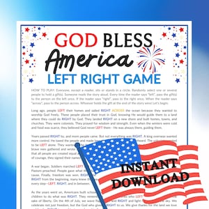 May include: A patriotic "God Bless America" themed printable game with the text "Left Right Game." The design includes red, white, and blue stars and fireworks, along with American flags. The words "Instant Download" are also visible.