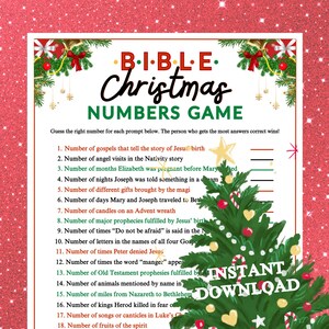 May include: A Christmas-themed Bible Numbers Game printable with a festive design. The game includes prompts related to the Nativity story and other biblical events. The words "BIBLE Christmas NUMBERS GAME" are at the top. The words "INSTANT DOWNLOAD" are at the bottom.