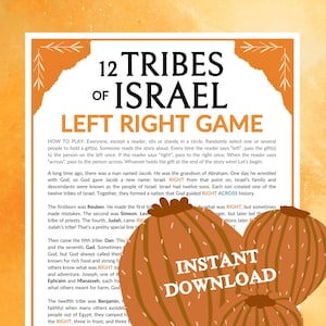 Könnte beinhalten: Ein druckbares Spiel für Kinder über die 12 Stämme Israels. Die Spielanweisungen sind in einer verspielten Schriftart mit einem leuchtend orangenen Hintergrund geschrieben. Der Text enthält die Wörter "Left Right Game" und "Sofort Download".