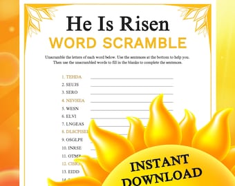 He Is Risen Word Scramble Game | Resurrection Christian Story Printable for Church Sunday School, Bible Learning Activity