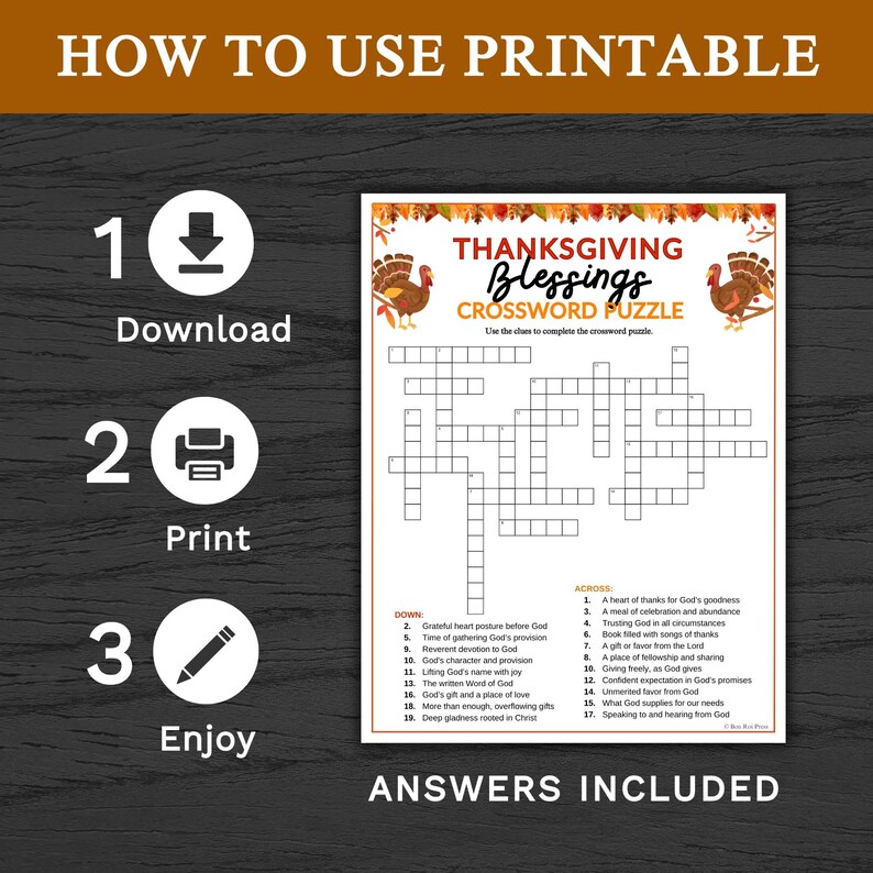 May include: Thanksgiving Blessings crossword puzzle printable with turkey illustrations and fall leaves. Includes instructions to download, print, and enjoy. Answers are included. Great for family fun.