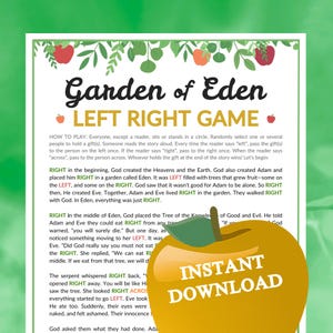 May include: A printable game sheet titled "Garden of Eden LEFT RIGHT GAME" with instructions and a story. The design features green and white text, red apple illustrations, and a yellow apple graphic with "INSTANT DOWNLOAD" text.