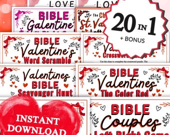 Bibel Valentinstag Spiele 20 BUNDLE | Valentinstag, Gottes Liebe, Galentines, christliche Ausdrucke für Kinder Erwachsene, Sonntagsschulbibelaktivitäten
