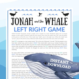 Juego de Jonás y la ballena de izquierda a derecha / Historia de las Escrituras imprimible para la iglesia, actividad de aprendizaje grupal bíblico del ministerio Pass the Prize