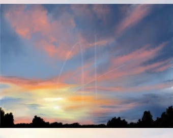 Midwest zonsondergang kunstafdruk | Handgetekend Kansas-landschap (digitale download)