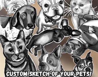 Aangepaste huisdierschetsafdruk | Aangepaste huisdierschets digitale download | Aangepaste hond- of katschets | Aangepaste schets voor meerdere huisdieren