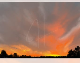 Handgetekende Midwest-zonsondergang Art Print | Kansas Sunset (digitale download)