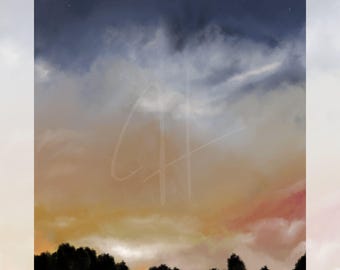 Midwest zonsondergang kunstafdruk | Handgetekend landschap (digitale download)