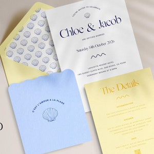 Ambiance de plage bleu et jaune de papeterie de mariage, modèle modifiable de toile de mariage d'été, invitation imprimable minimaliste en téléchargement numérique