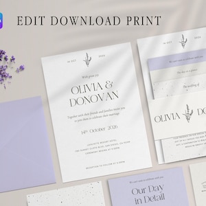 May include: A wedding invitation suite with a minimalist design featuring a lavender floral motif. The invitation card is white with black text and includes the names Olivia & Donovan, the date 14th October 2026, and the location Lafayette Resort Hotel. The RSVP card is a light purple colour with the text "Our Day in Detail".