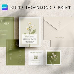 Grüne Blumenhochzeitsvorlage, bearbeitbare Canva Design-Einladungsvorlage, ästhetischer DIY-Hochzeitspaket-Digital-Download für rustikale Hochzeit