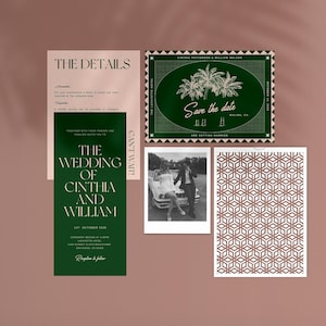 Paquete de invitación digital para boda / Invitación imprimible en rosa y verde / Plantillas editables para descargar / Diseño elegante y minimalista