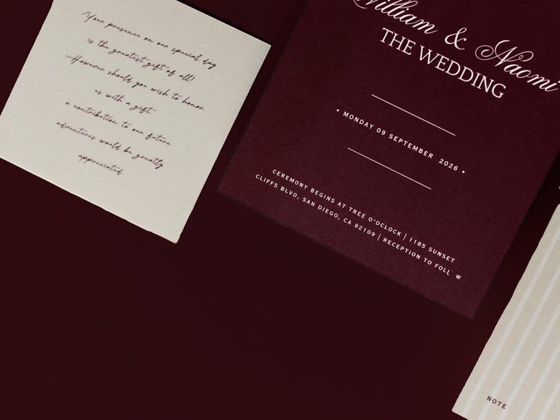 May include: A wedding invitation suite featuring a burgundy invitation card with white text, including the names "William & Naomi" and the date "Monday 09 September 2026." A separate card includes a message about gifts. A striped card is also visible.